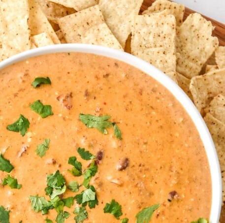 Top down view of 4 Ingredient Chili Cheese Dip and chips.