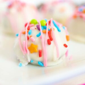 Close up of a Birthday Cake Oreo Truffle.