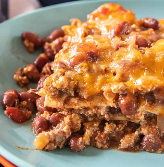 Close up of chili lasagna.