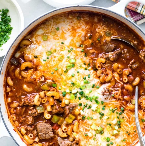 Top down view of Chili Mac and Cheese in a pot.