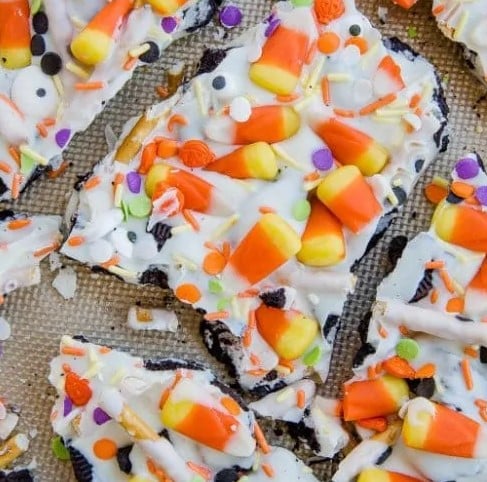 Pieces of Candy Corn Bark.