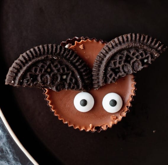 Halloween Bat Cookies made from Oreo cookues and peanut butter cups.