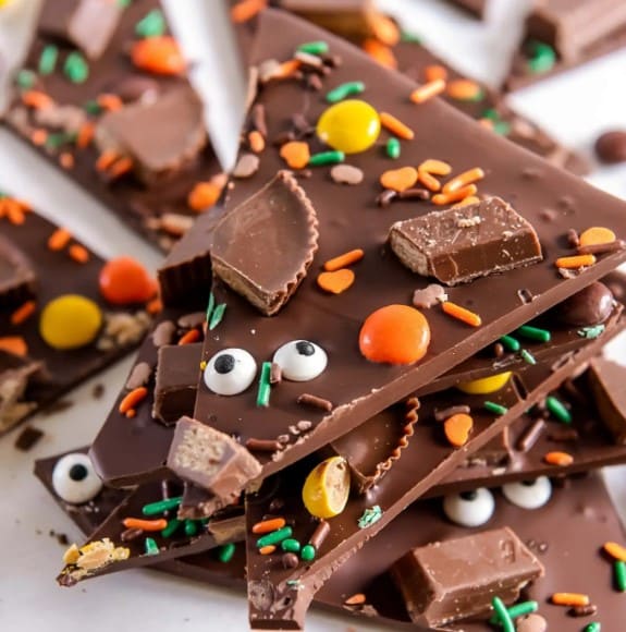 Pile of Halloween Chocolate Bark.