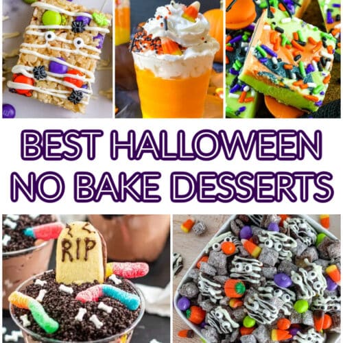 Halloween No Bake Dessert Recipes: square collage with text overlay.