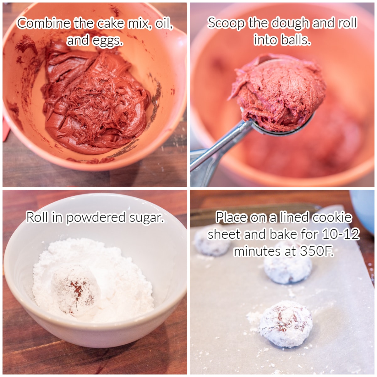 How to Make Red Velvet Crinkle Cookies step-by-step images with text overlay.