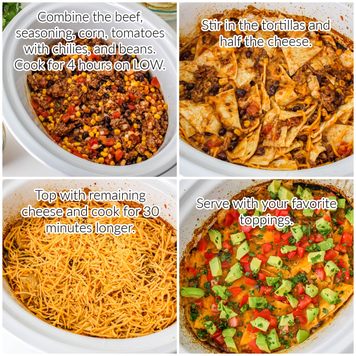 Image with text overlay: Step by Step collage for how to make Slow Cooker Taco Casserole.