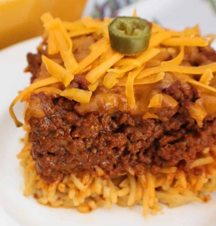 Slice of Chili Spaghetti Pie Casserole.