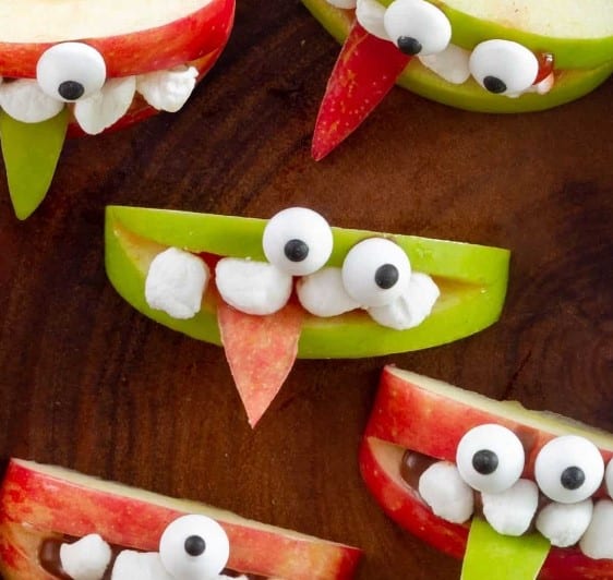 Monster Apple Teeth with googly eyes and marshmallows.