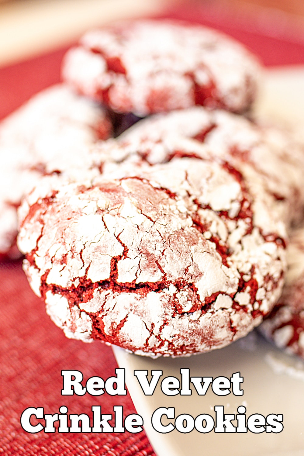 Plate of Red Velvet Crinkle Cookies image with text overlay.