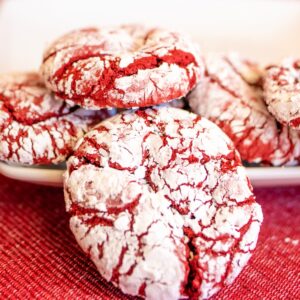 Red Velvet Crinkle Cookie Recipe: stacked cookies.