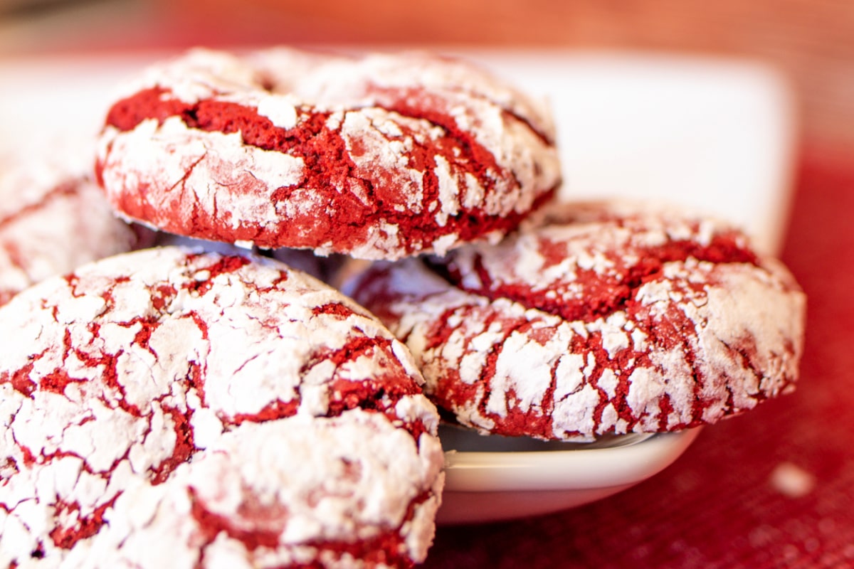 Close up of cake mix red velvet crinkle cookies.