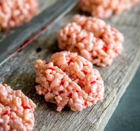 Rice Krispies Treat Marshmallow Brains on a table.