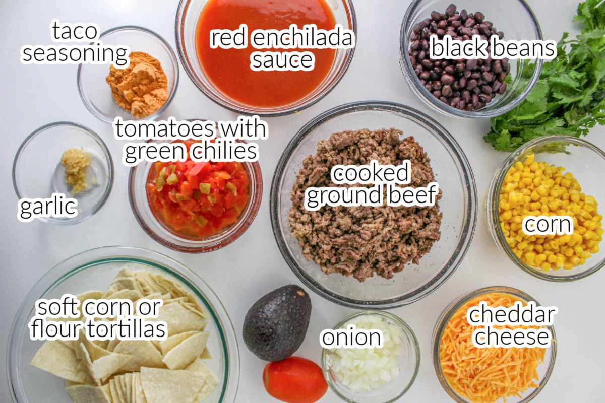 Image with text overlay: Slow Cooker Mexican Casserole ingredients in bowls.