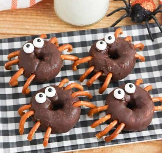 Spider Donuts for Halloween on a checkered napkin.