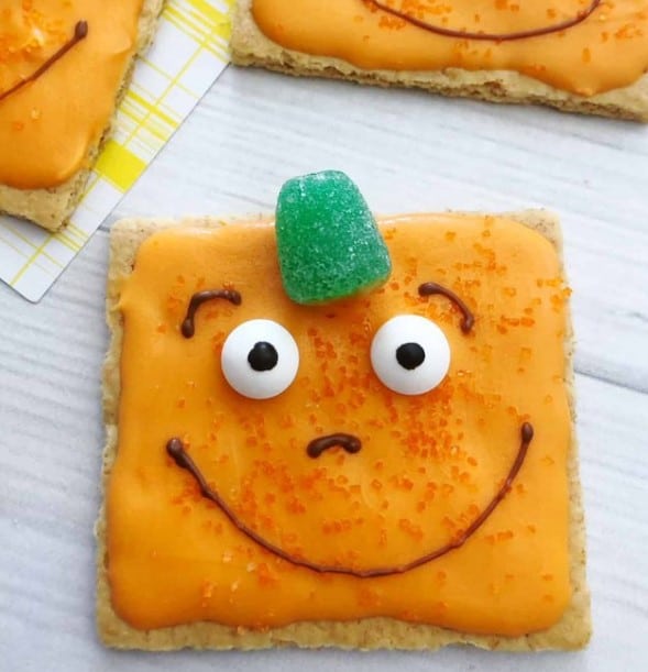 Spookley Square Pumpkin Cookies with gum drop stems.