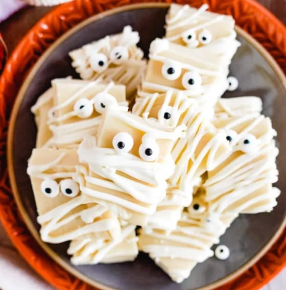 White Chocolate Halloween Fudge on a plate.