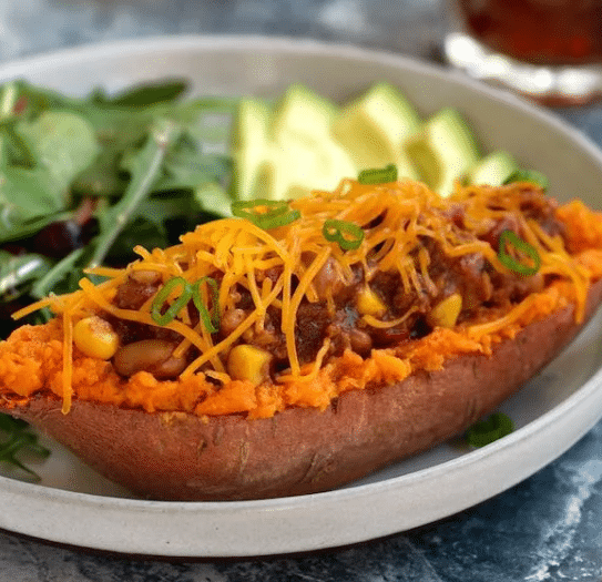 Close up of Chili Stuffed Sweet Potatoes.