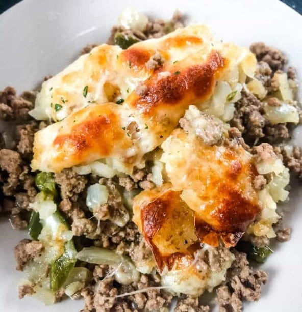 Plateful of Philly Cheesesteak Tater Tot Casserole.
