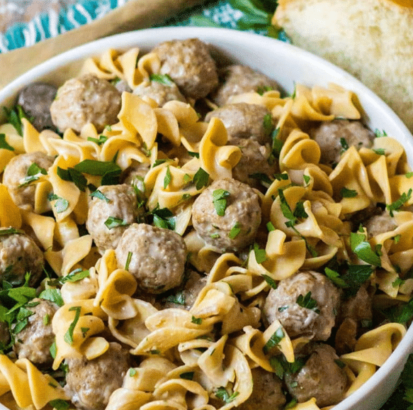 Bowl of Slow Cooker Meatball Stroganoff.