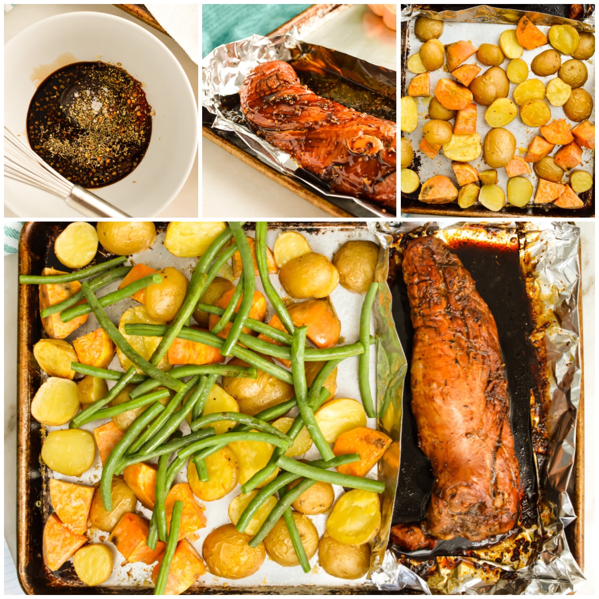 How to make pork tenderloin sheet pan dinner collage.
