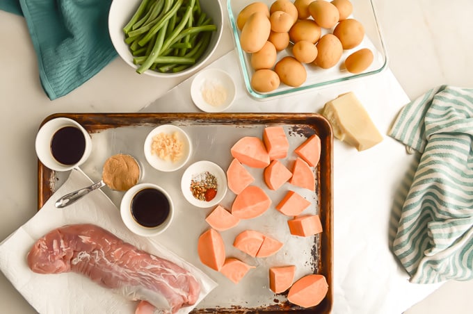 Top down view of ingredients to make Sheet Pan Pork Tenderloin.