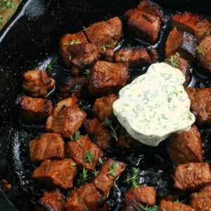Close up of Steak Bites with Garlic Butter.