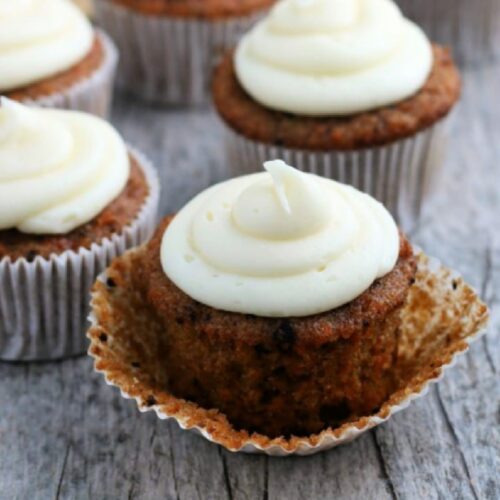 Close up of Carrot Cupcakes with cream cheese frosting.