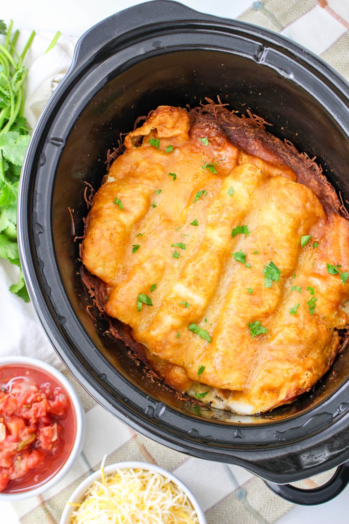 Top down view of Crockpot Chicken Enchiladas