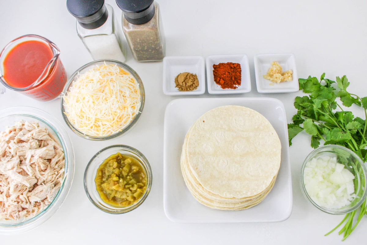 Top down view of Crockpot Chicken Enchiladas ingredients.