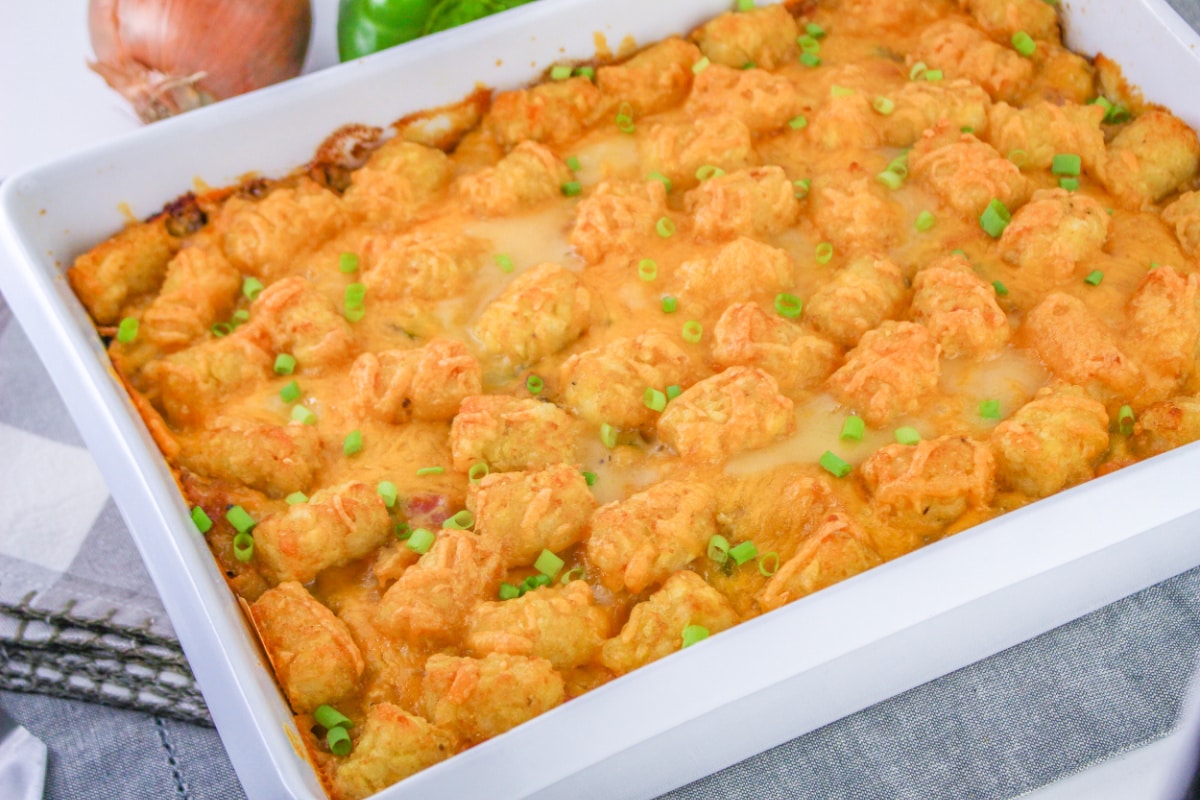 Baking dish with Ham and Tator Tot Casserole.