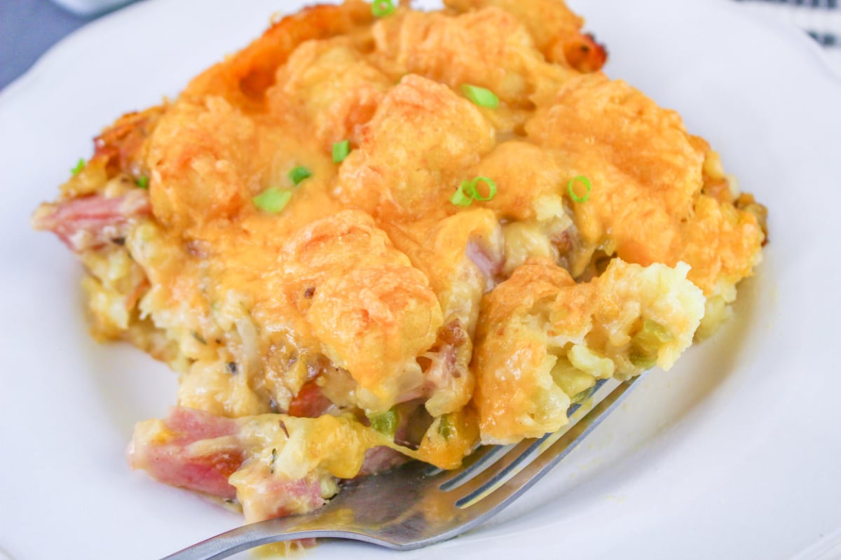 Close up of tater tot ham casserole on a plate with a fork.