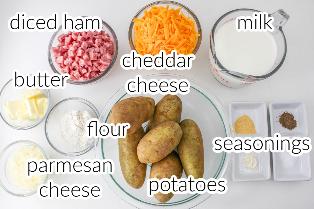 Top down view of Ham and Potatoes Au Gratin Casserole Ingredients with text overlay.