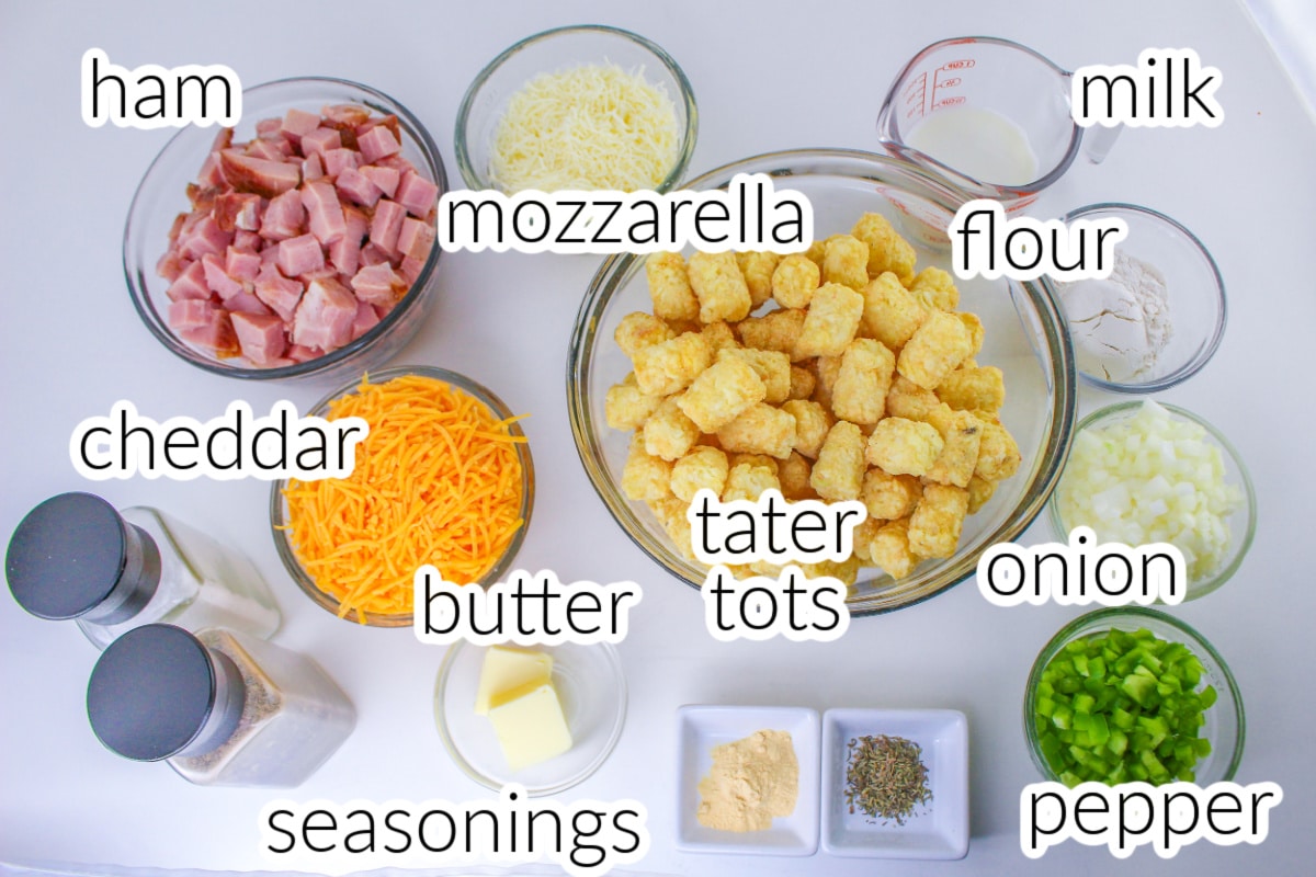 Top down view of Tator Tot Ham Casserole Ingredients with text overlay.