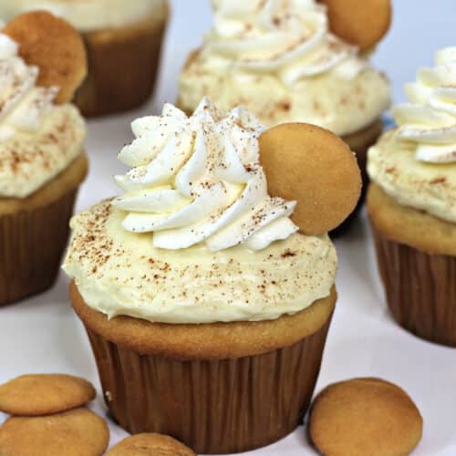 Close up of Semi Homemade Banana Pudding Cupcakes with whipped cream.