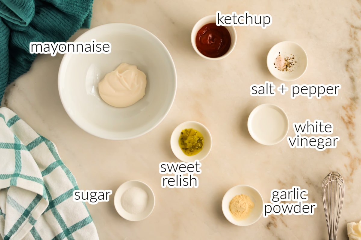 Top down Burger Sauce ingredients with text overlay.