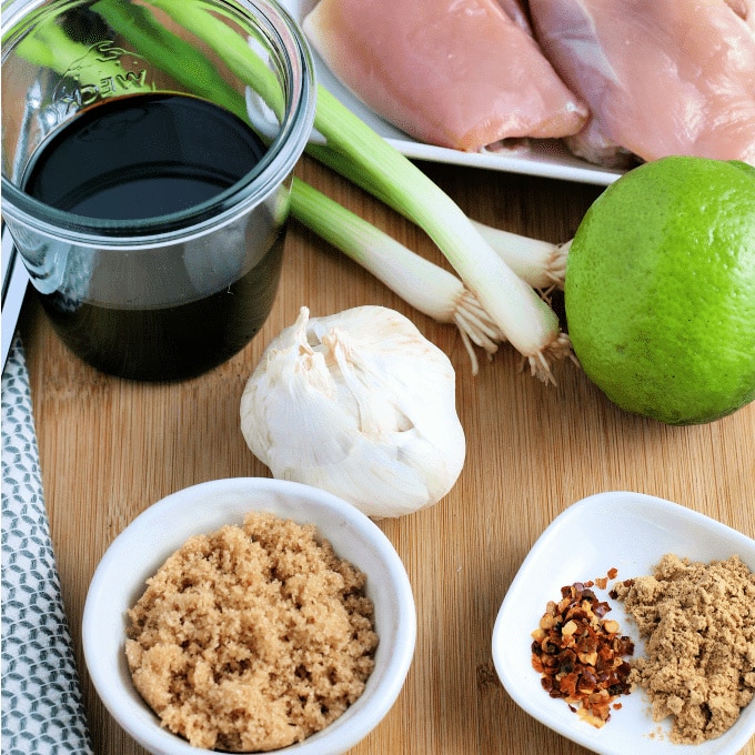 Chicken Kabobs ingredients including soy sauce, garlic, brown sugar, garlic, and seasonings.