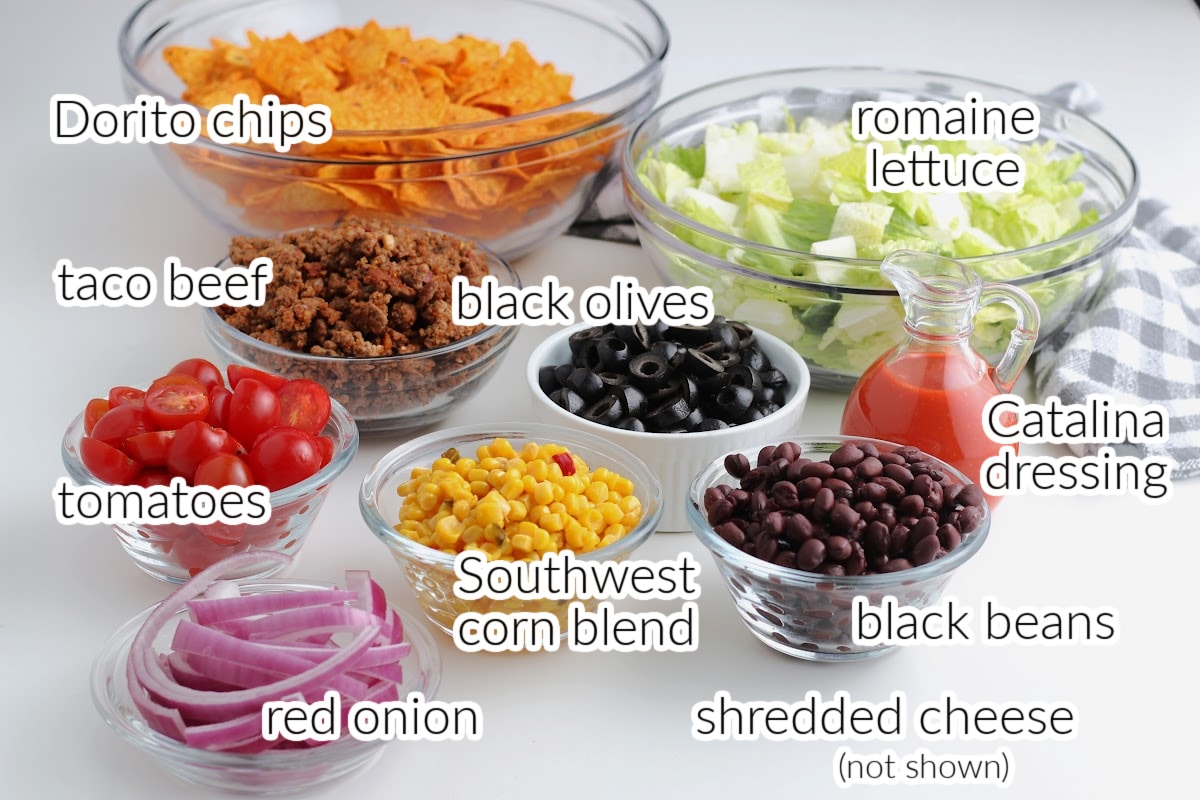 Bowls of Dorito Taco Salad Ingredients with text overlay.