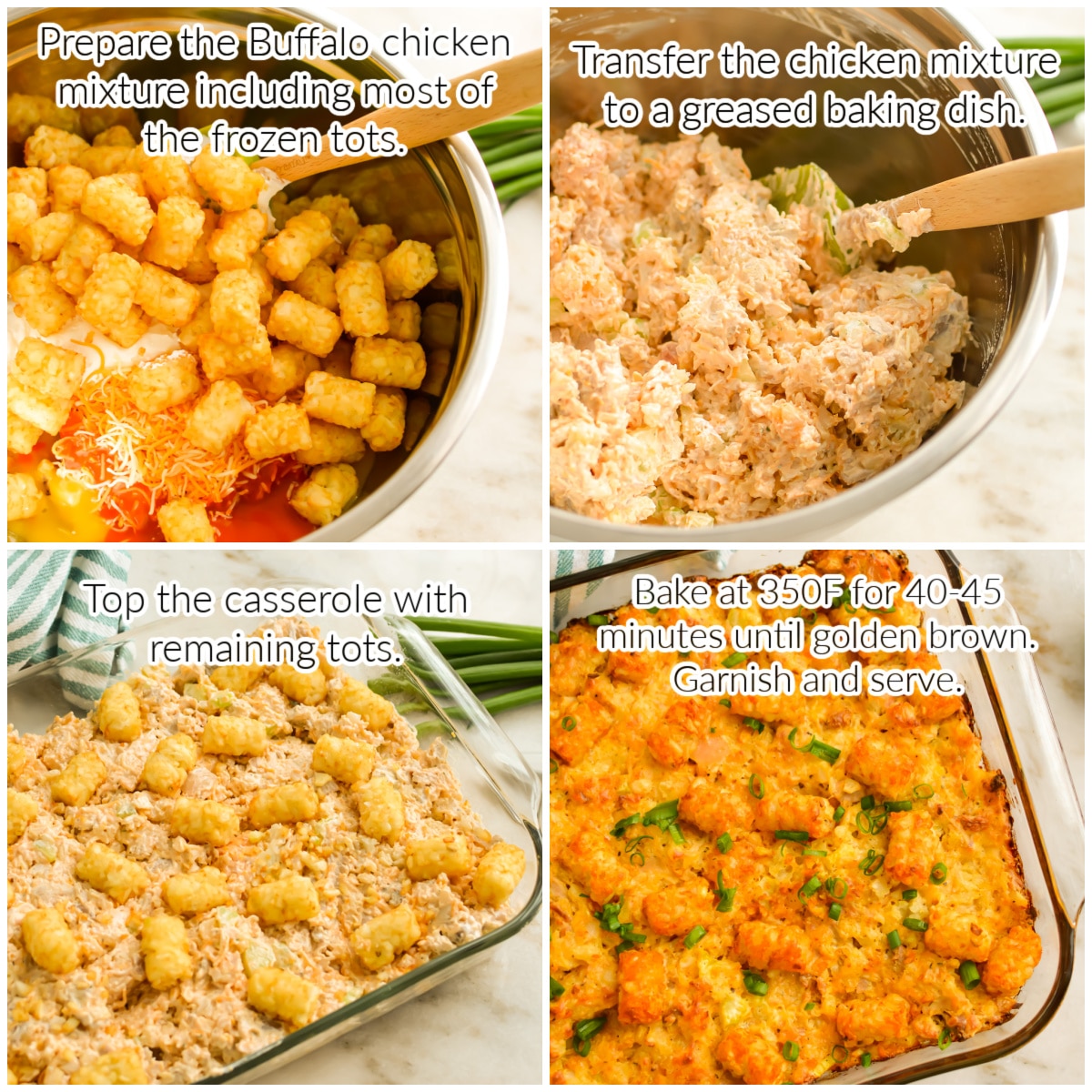 How to make Buffalo Chicken Tater Tot Casserole collage image with text overlay.