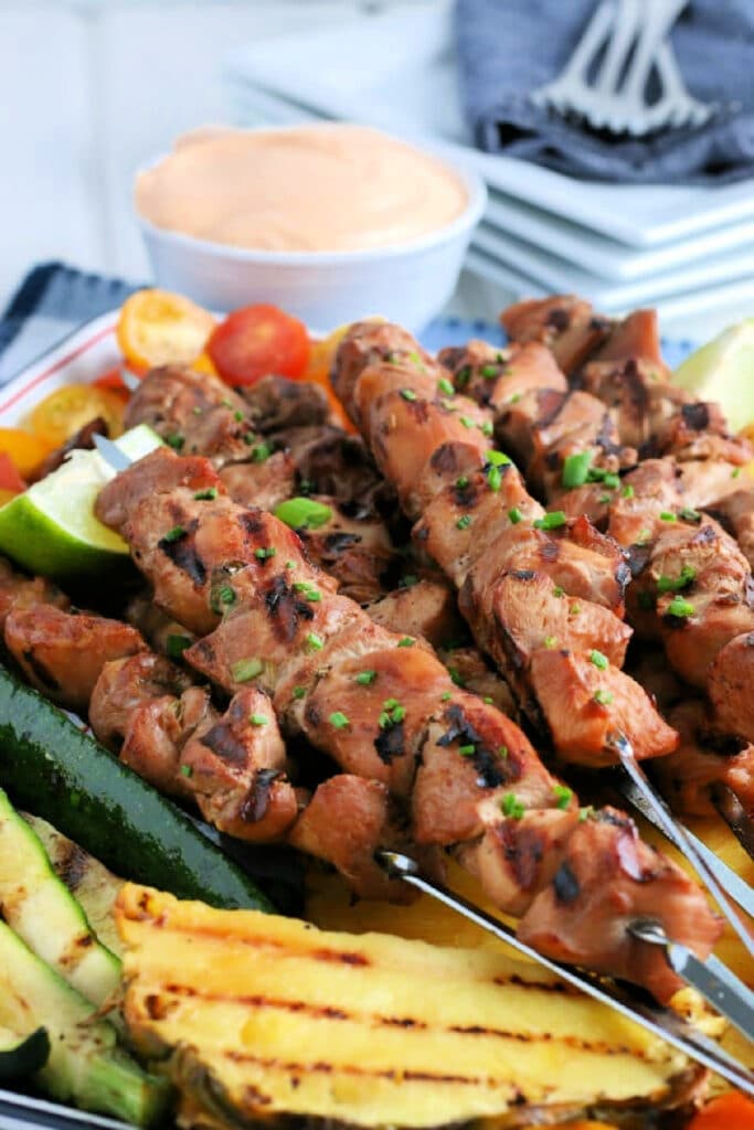Platter of Grilled Chicken Kabobs.