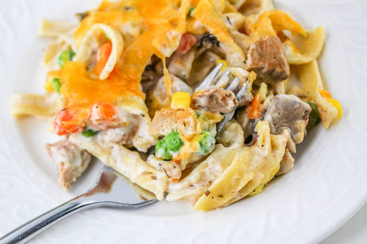 Close up of pork leftovers casserole on a plate with a fork.