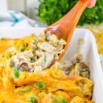 Spoonful of Leftover Pork Casserole with vegetables.