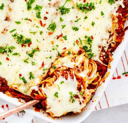 Top down view of baked spaghetti casserole.