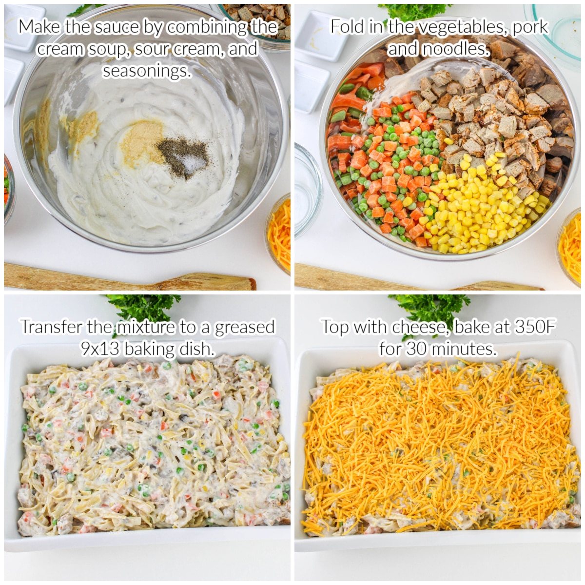 Collage of how to make leftover pork casserole with text overlay.