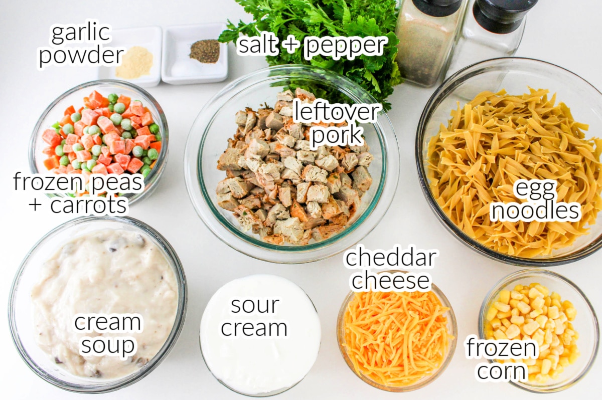 Leftover pork casserole ingredients image with text overlay.
