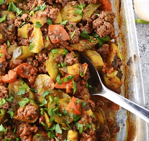 Close up of Ground Beef Zucchini Casserole.
