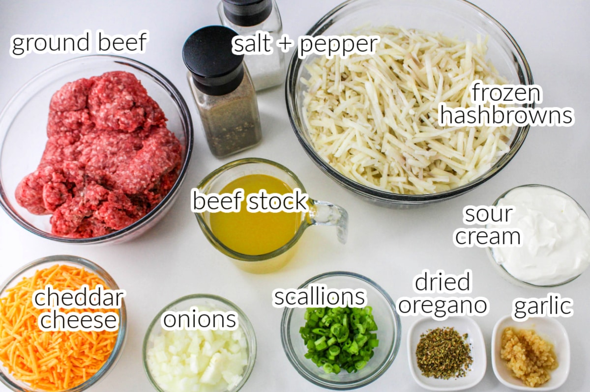 Ground Beef Hashbrown Casserole Ingredients with text overlay.