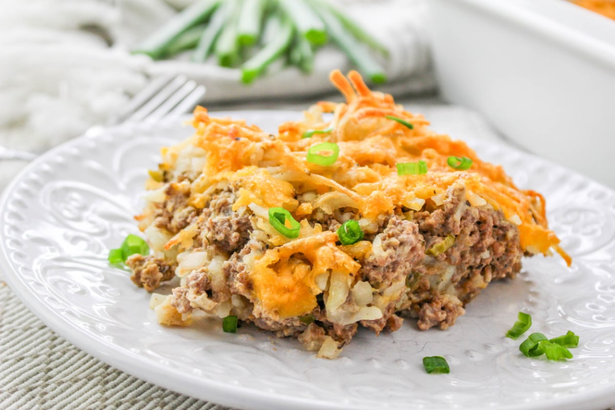 Close up of Hashbrown and Ground Beef Casserole on a plate.