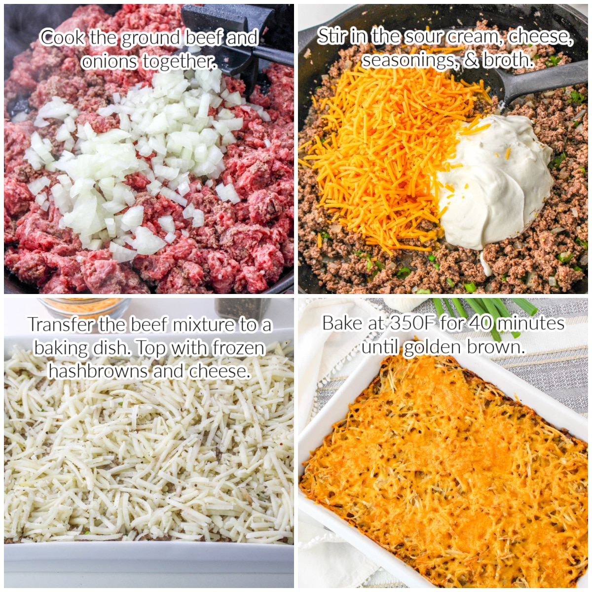 How to make Hashbrown and Ground Beef Casserole collage image with text overlay.