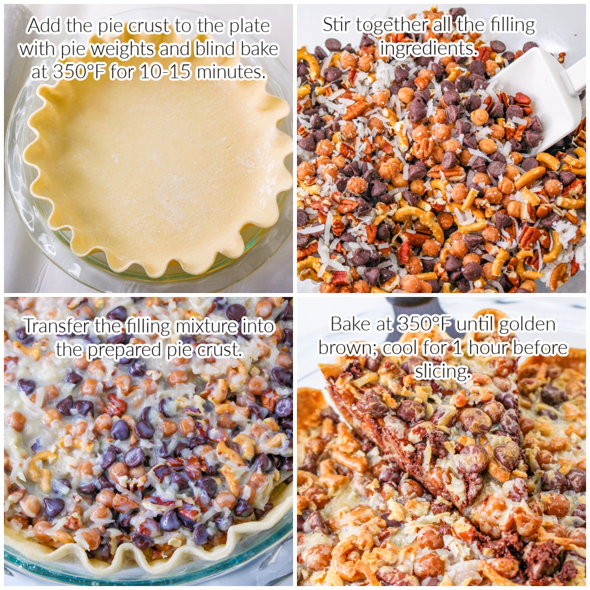 How to make texas trash pie: collage image with text overlay showing how to make texas pie with pretzels, caramel, nuts, chocolate, and coconut.