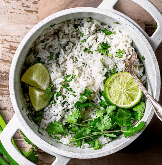 Top down view of cilantro lime rice with coconut milk.